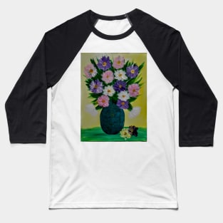 Some abstract flowers in purple and pink in a turquoise and gold vase . Baseball T-Shirt